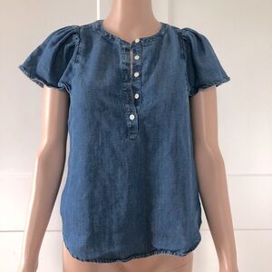 Loft Denim Flutter Sleeves Cotton Button Top Blouse Petite XXS XXSP